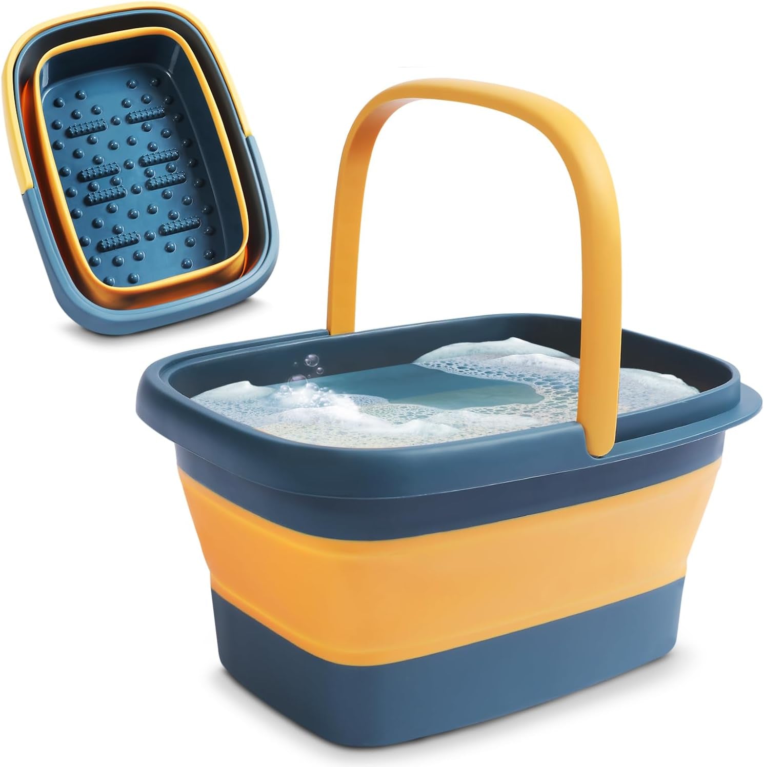 Collapsible Foot Bath – Premium Portable Foot Soaking Tub with Acupressure Points – Foldable Pedicure Foot Spa Basin – Compact, Lightweight Design with Convenient Handle – Blue & Orange