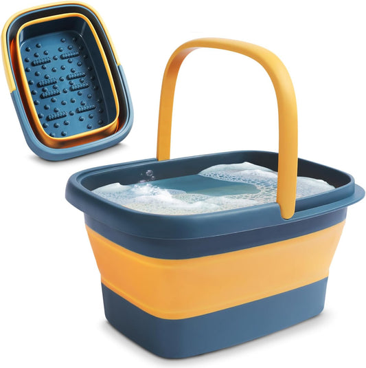 Collapsible Foot Bath – Premium Portable Foot Soaking Tub with Acupressure Points – Foldable Pedicure Foot Spa Basin – Compact, Lightweight Design with Convenient Handle – Blue & Orange